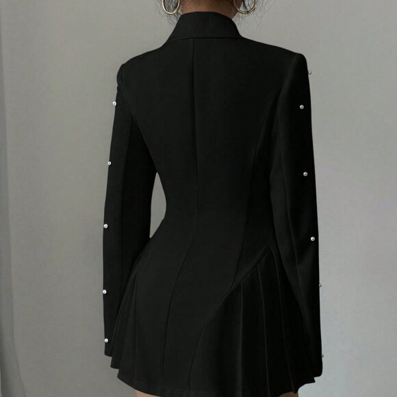 Black Elegant Women's Pearl Stud Button Front Blazer Jacket - Picture 4 of 8